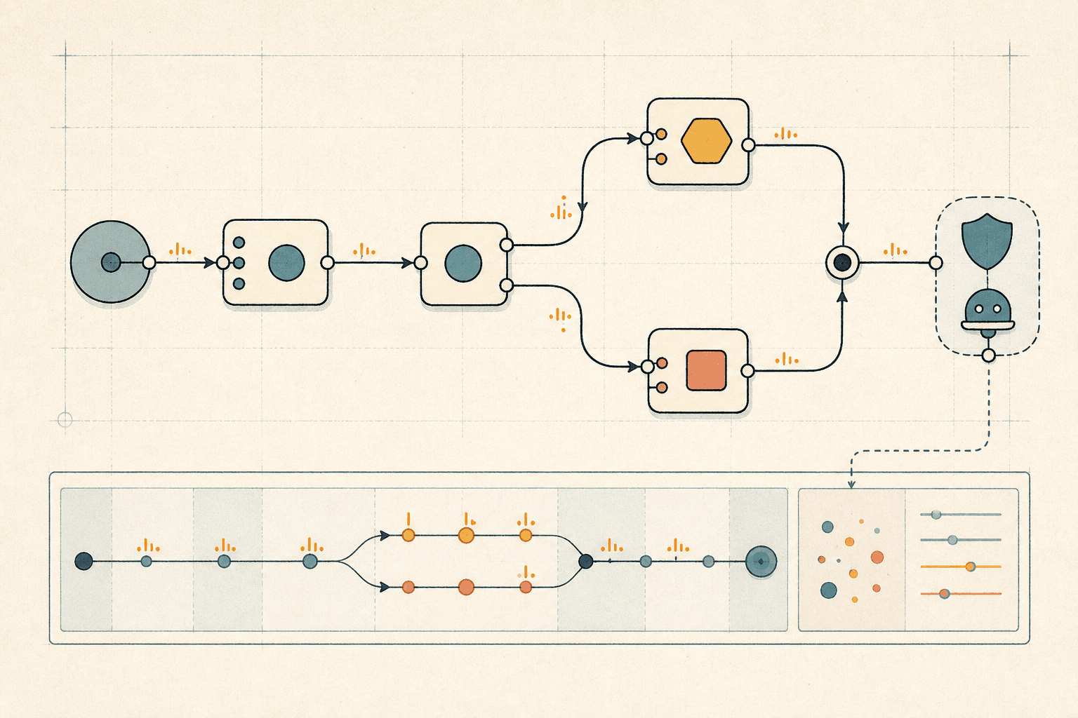 Illustrated graphRun system story with connected components, branching paths, an event timeline, and a scoped coding-agent boundary.
